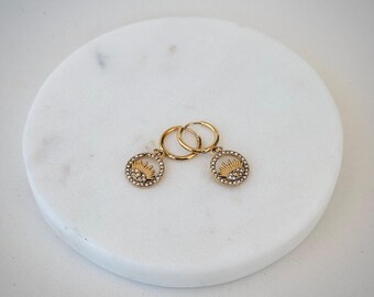 Gold Sun Charm Hoop Earrings, 18K Gold Plated Stainless Steel Earrings for Women, Minimal Dangle Earrings