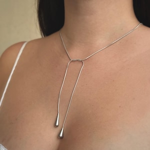 Minimalist Teardrop Lariat Necklace | Adjustable Long Snake Chain | Silver or Gold Y Drop Tie Necklace | No Clasp Wrap Jewelry