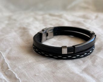 Black Leather Bracelet with Magnetic Clasp, Minimalist Double Wrap Bracelet Jewelry Gift