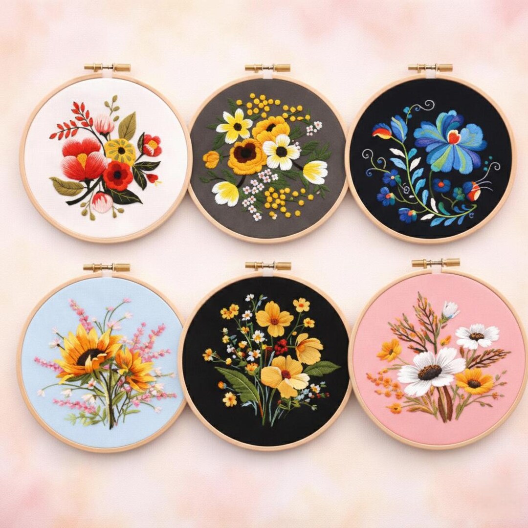 Floral Embroidery Hoop Set, Hand Embroidered Botanical Wall Art, Boho ...