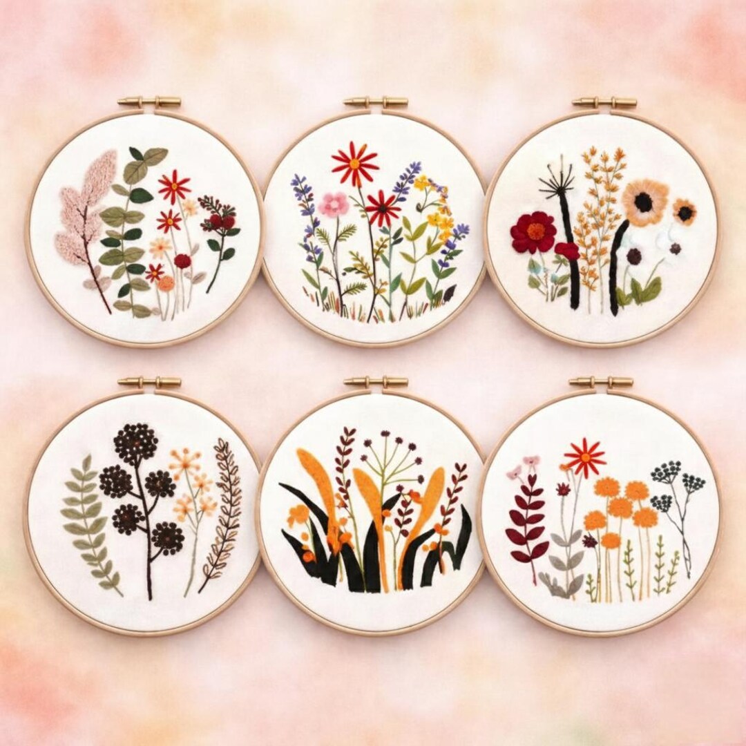 Floral Embroidery Hoop Set, Botanical Hand Embroidered Wall Art, Modern ...