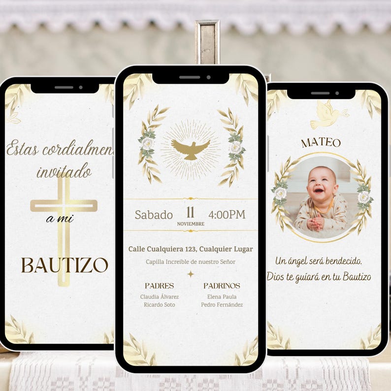 May include: Three smartphone screens displaying baptism invitations. The invitations feature gold accents, floral designs, and text in Spanish. One screen shows a cross and the word "BAUTIZO". Another screen displays the date, time, and location. The third screen has a photo of a baby.