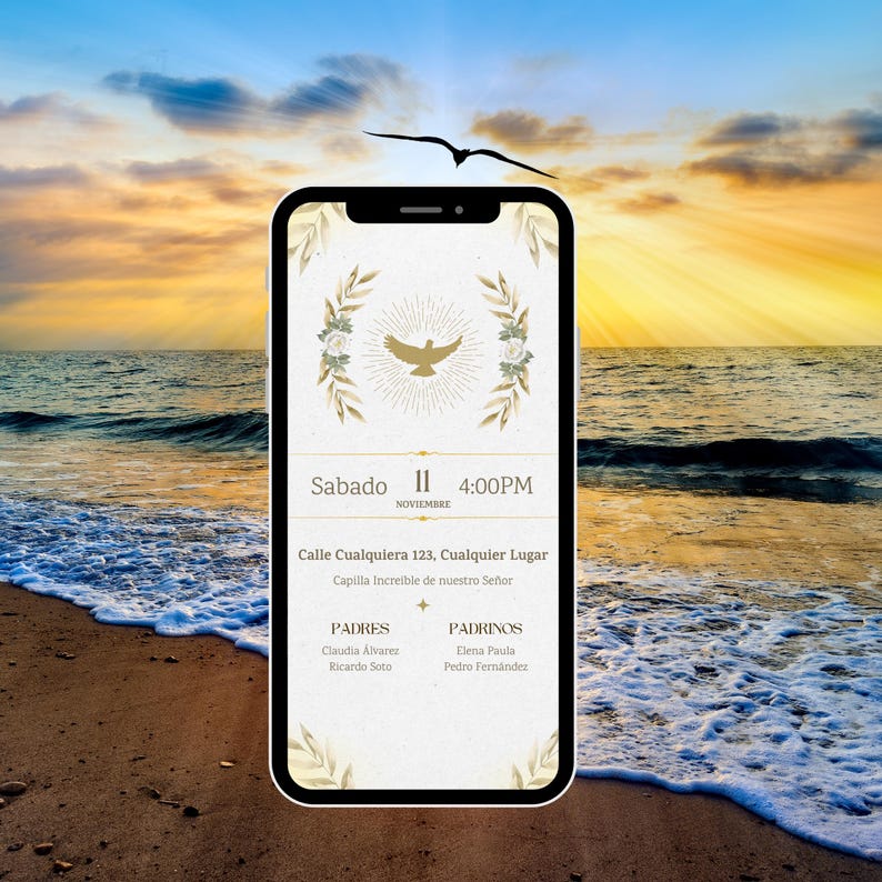 May include: A smartphone displays a digital invitation with a dove graphic, floral accents, and text in Spanish. The invitation includes the date, time, and location for an event. The background shows a beach scene with a sunset.