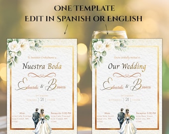 Spanish/English Elegant Wedding Invitation, Gold Floral Boho design, Bilingual Editable Digital Invite