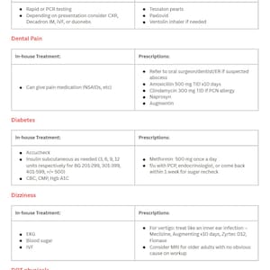 May include: A medical document with lists of in-house treatments and prescriptions for various conditions, including dental pain, diabetes, and dizziness. The document is organized in a table format with bullet points detailing each treatment and prescription.