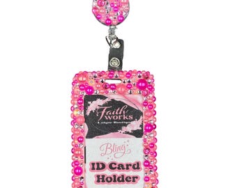 Portatarjetas de identificación y clip retráctil Bling Pearl Fashion para el trabajo, color rosa fucsia.