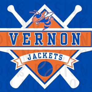 May include: A blue and orange graphic design featuring the text "VERNON JACKETS" with a baseball and a cartoon hornet. Two white baseball bats cross behind the design. The background is blue.