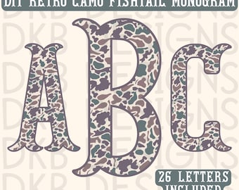 Monogramma a coda di pesce mimetico retrò / fai da te / 26 lettere incluse / PNG / Sublimazione / DTF