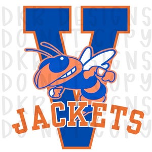 May include: A graphic design featuring a blue letter "V" with orange trim, a cartoon hornet, and the word "JACKETS" in orange block letters. The hornet is orange and blue with white wings, smiling and posed as if in motion.