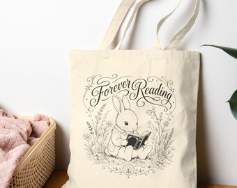 Forever Reading Bunny Tote Bag, Book Lover Canvas Tote Gift, Bookish Tote Bag for Women, Reader Bag