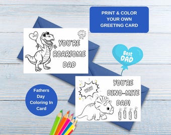 Cartes à colorier imprimables pour la fête des pères pour les enfants, cartes fête des pères avec dinosaures, cartes imprimées et couleurs DIY, cartes amusantes avec papa dinosaure