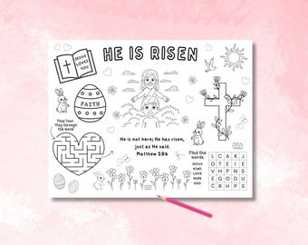 Placemat christelijke paasactiviteit, paastafelactiviteit, afdrukbare activiteitenpagina voor kinderen, paasplacemat, bijbelactiviteiten voor kinderen.
