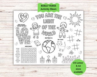 Set de table d'activités chrétiennes, La lumière du monde, activité imprimable pour enfants, feuille à colorier basée sur la foi pour les enfants, imprimable école du dimanche
