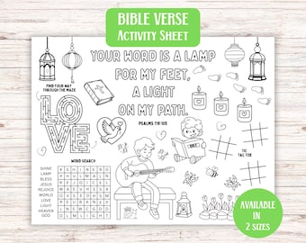 Set de table Psaumes chrétiens, Votre parole est une lampe pour mes pieds, feuille d'activités basées sur la foi pour les enfants, école du dimanche imprimable