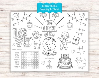 Christian Activity Placemat, The Light of the World, Printable Kid Activity,  Faith based Color In Sheet for kids, Sunday School Printable