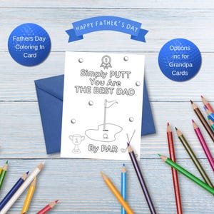 Tarjetas para colorear e imprimir para el Día del Padre para niños, tarjetas para amantes del golf para el Día del Padre, tarjetas para imprimir y colorear DIY, tarjetas de golf para el Día del Abuelo