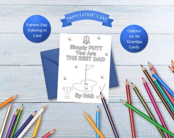 Printable Father’s Day Coloring in cards for Kids, Father’s Day Golf Lover cards, DIY Print & Color Cards, Grandfather’s Day Golf cards