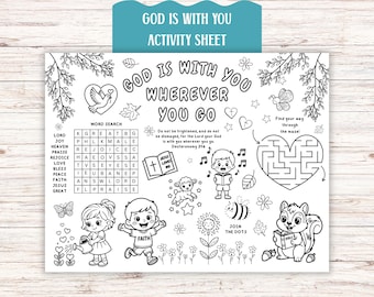 Activité de l'école du dimanche chrétienne Dieu est avec vous à colorier dans un napperon