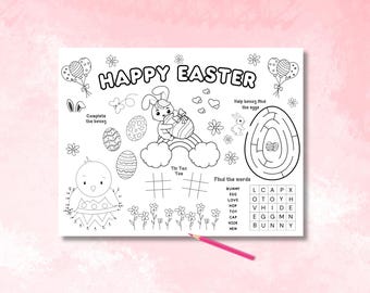 Kids Easter Activity Placemat, Easter Coloring Page, Printable Kids Activity Page, Easter Placemat, Easter Activities for Kids.