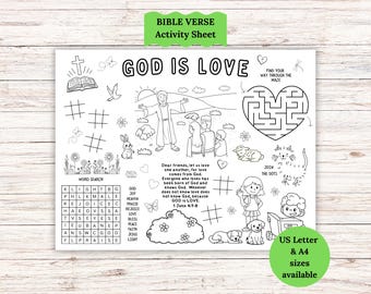 Christian Activity mat, God is Love Activity, Bible Study for Kids, Faith based Color In Sheet for kids, Sunday School Placemat Printable