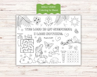 Napperon d'activité chrétienne, Le Seigneur est mon berger, activité imprimable pour enfants, feuille à colorier basée sur la foi pour les enfants, école du dimanche imprimable