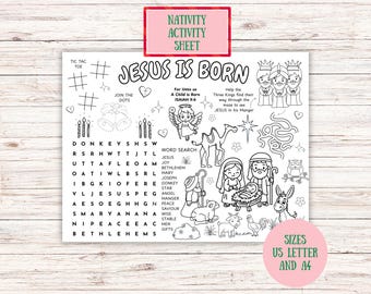 Nativité activité Nativité, histoire de Noël à colorier et tapis puzzle, Jésus est né activité, feuille d'étude de la Bible pour enfants, école du dimanche à imprimer