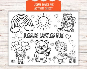 Feuille d'activités imprimable en couleur pour les enfants de l'école du dimanche basée sur la foi chrétienne Jésus m'aime