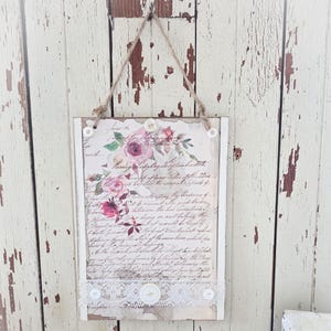 Shabby Chic Plaque - Sign with Roses Print Wall Art Hanging. Farmhouse Cottage, French, Romantic Home Style Decor