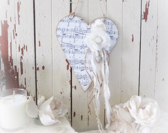 Hanging Wood Heart - Vintage Style Wall Decor - French, Farmhouse Cottage, Shabby Chic, Primitive Country Style Home Decor