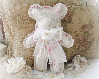 Small Shabby Chic Bear with Vintage Shabby Chic Rachel Ashwell Fabric/Antique White and Pink Roses/Shelf Sitter/Cottage/Farmhouse Home Decor