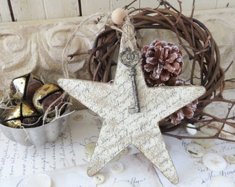 Star Christmas Tree Ornament with Vintage French Script Holiday Home Decor - Farmhouse Shabby Chic Cottage