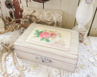 Vintage Wood Box Decoupaged with Rose French Print - lined with Antique Catalog Ads - French Country Shabby Chic Cottage Farmhouse Decor