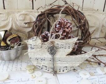 Dove Christmas Tree Ornament with Vintage Sheet Music - Holiday Home Decor - French Farmhouse Shabby Chic Cottage Style Decor