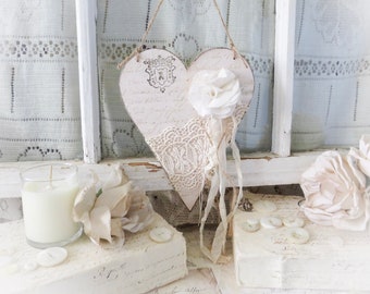 Vintage Shabby Chic Heart Wall Decor - French Antique Lace - Wall Hanging Art. French, Shabby Chic Cottage, Farmhouse Style Home Decor