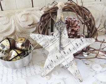 Star Christmas Tree Ornament with Vintage Sheet Music - Holiday Home Decor French Country Farmhouse Shabby Chic Cottage