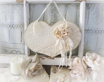Vintage Style Wood Heart Wall Hanging - Antique Lace and Pretty Ribbon. French, Shabby Chic Cottage, Farmhouse, Country Style Wall Art Decor