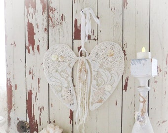 Antique Lace Angel Wings with Wire Frame - Handmade Wall Hanging Art. Shabby Chic Cottage, French, Nordic Country, Jeanne d'arc Living Decor