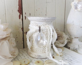 Vintage Wood Spool with Antique Lace - French Script - Chrystal Glass Chandelier Drop. French, Shabby Chic Cottage Style Pedestal Stand