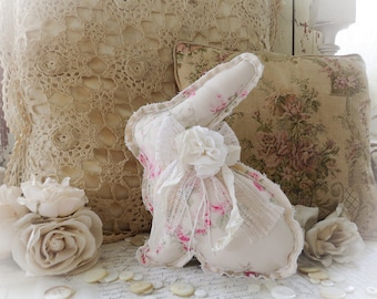 Small Shabby Chic Bunny Rabbit/Vintage Shabby Chic Rachel Ashwell Fabric/Antique White Pink Roses/Shelf Sitter/Cottage, Farmhouse Home Decor