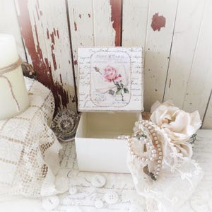 Small Keepsake Gift Box Storage Decoupaged with Vintage Script and Roses. Shabby Chic, Farmhouse Cottage, French, Country Style Home Decor