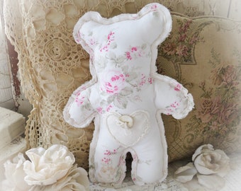 Small Shabby Chic Teddy Bear/Vintage Shabby Chic Rachel Ashwell Fabric/White with Pink Roses/Shelf Sitter/Cottage/Farmhouse Home Decor