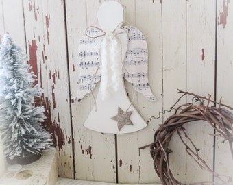 Vintage Style Handmade Wood Angel Christmas Vintage Sheet Music Ornament. French Farmhouse Shabby Chic Cottage Style Christmas Holiday Decor