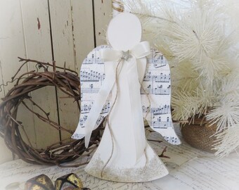 Handmade Vintage Style Wood Angel Christmas Vintage Sheet Music Ornament. French Farmhouse Shabby Chic Cottage Style Christmas Holiday Decor