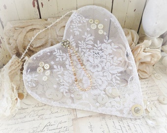 Vintage Lace Heart Wall Hanging Shabby Chic, Farmhouse Cottage, Nordic French, Jeanne d'arc living Style Wall Art Home Decor