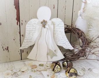 Vintage Style Wood Angel Christmas Ornament Decor - French Farmhouse Shabby Chic Cottage Style Christmas Holiday Decor