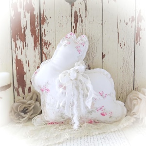 Handmade Shabby Chic Bunny Pillow: Vintage Rose Fabric Accent Decor