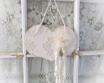 Hanging Wood Heart covered in Vintage Raised Design Wallpaper. French, Shabby Chic, Farmhouse Cottage Style Wall Art Home Decor