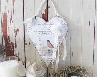 Vintage Style Wood Hanging Heart - Spring Collage Wall Decor - French Country, Farmhouse Cottage, Shabby Chic Style Home Wall Decor