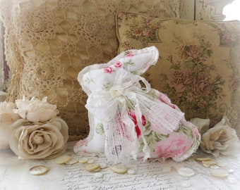 Small Shabby Chic Bunny Rabbit/Original Shabby Chic Rachel Ashwell Fabric/White with Pink Roses/Shelf Sitter/Cottage/Farmhouse Home Decor