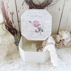 Keepsake Box Decoupaged with French Script and Pink Rose Postcard Collage Print. Shabby Chic, French Country, Farmhouse Cottage Style Decor